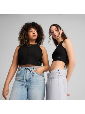 Puma Wardrobe Essential Ribbed Crop Top Kadın Siyah T-Shirt