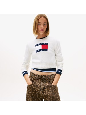 Tommy Hilfiger Tommy Jeans Sparkle Flag Kadın Beyaz Kazak