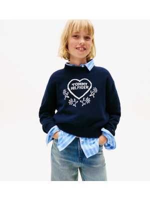Tommy Hilfiger Heart Jacquard Çocuk Lacivert Kazak