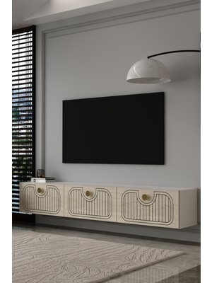 Dekortis Home Dekor 180DHDTDA3BTA Hera Lazer Desenli Duvara Monte Tv Sehpası,ünitesi Beyaz-Traverten-Altın