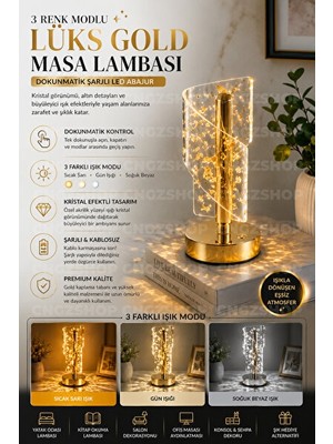Solvéra 3 Renk Modlu Gold Masa Lambası, Dokunmatik ve Kristal Görünümlü LED Abajur