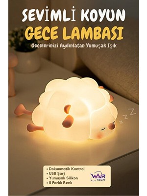 Solvéra Koyun Figürlü Rgb Dokunmatik Gece Lambası, USB Şarjlı Masa ve Gece Lambası