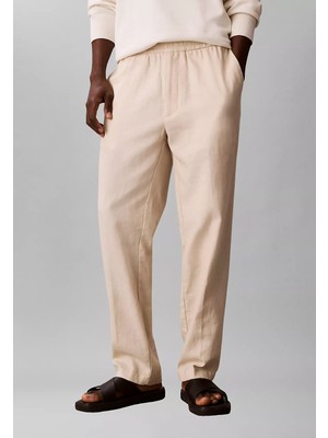 Calvin Klein Erkek Rahat Kesim Keten ve Pamuk Karışımlı Beli Lastikli Düz Paça Bej Pantolon LV04LF619G-2JX