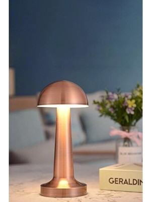 Maison Luré Mantar Model Retro Masa Lambası, Dimmerli ve Şarjlı, Gold Tasarım Masa ve Gece Lambası