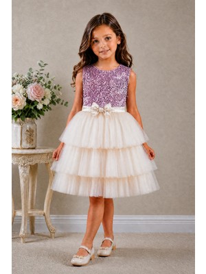 Deep Look Kids Wear Lavanta Pembesi Pul Payet Kadife Üst Tüllü Kız Çocuk Abiye Elbise