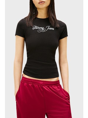 Tommy Jeans Logolu Pamuklu Bisiklet Yaka T Shirt Bayan T Shirt DW0DW21838 Bds