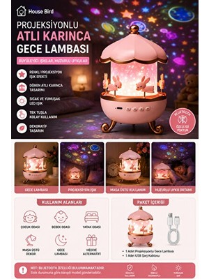 Maison Luré Projeksiyonlu Atlı Karınca Çocuk Odası Gece Lambası Masa ve Gece Lambası