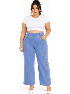 Zanessi Büyük Beden Beli Lastikli Bağcıklı Yüksek Bel Taş Şerit Detaylı Bol Paça Denim Kadın Pantolon