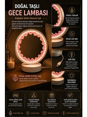 Solvéra Doğal Pembe Kuvars Taşlı LED Gece Lambası - Dekoratif Ortam Aydınlatması