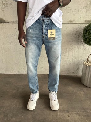 KağanKY Mavi Taşlamalı Lazer Detaylı Boyfriend Jean