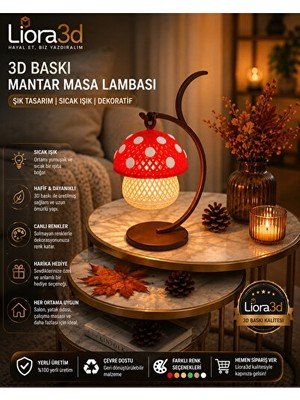 Solvéra Mantar Desenli Dekoratif Lamba, 3D Baskı ve LED Mum Uyumlu Tasarım Masa ve Gece Lambası
