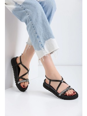  Golden Heel Ortopedik Tabanlı Kadın Siyah Sandalet