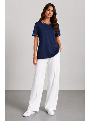 Bihan Store Kadın Bisiklet Yaka Desenli Şerit Detaylı Kısa Kollu Bluz - Y26-845 - Indigo