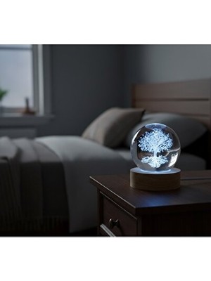 Vaelmont Hayat Ağacı Temalı 3D Lazer Işlemeli Kristal Küre, Ahşap Tabanlı LED Gece L