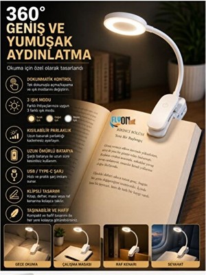 Solvéra 360° Klipsli LED Kitap Okuma Lambası, Şarjlı ve 3 Modlu Masa ve Gece Lambası