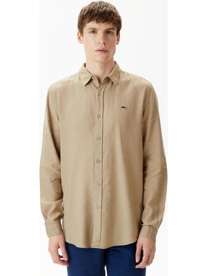 Lacoste Men's Regular Fit Button-Down Collar Linen Shirt Erkek Düğmeli Yaka Keten Gömlek Bej