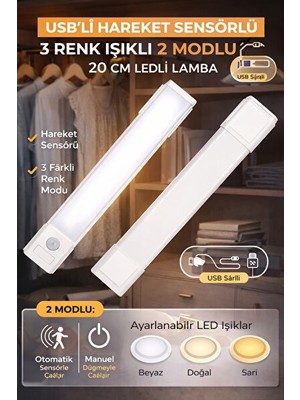 Vaelmont Hareket Sensörlü USB LED Dolap ve Mutfak Aydınlatması, 3 Renk Seçeneği Masa ve Gece Lambası