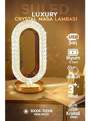 Maison Luré Şık USB Şarjlı Oval Kristal Masa Lambası, Çok Modlu ve Dekoratif Tasarım