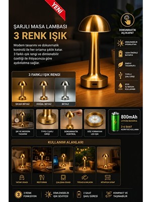 Solvéra Gold Renkli Dokunmatik Masa Lambası, 3 Renk Seçeneği ve Şarj Özelliği Masa ve Gece Lambası
