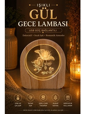 Orvessa Romantik Ahşap Tabanlı Gül Desenli USB Gece Lambası Masa ve Gece Lambası
