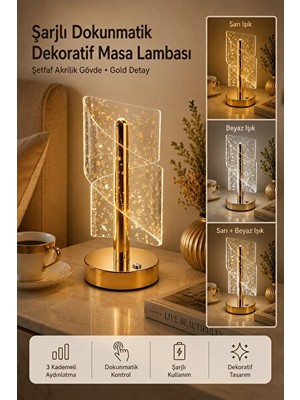Solvéra Altın Spiral Efektli Şarjlı LED Masa Lambası Akrilik Kristal Görünümlü Masa ve Gece Lambası