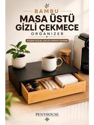 Penthouse Bambu Masa Üstü Gizli Çekmece Organizer Kahve Köşesi Düzenleyici, Masa Altı Saklama Kutusu, Duvara Monte Edilebilir