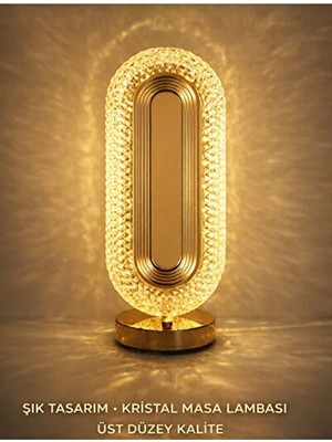 Solvéra Gold Oval Tasarımlı Kristal LED Masa Lambası - USB Şarjlı Dekoratif Masa ve Gece Lambası