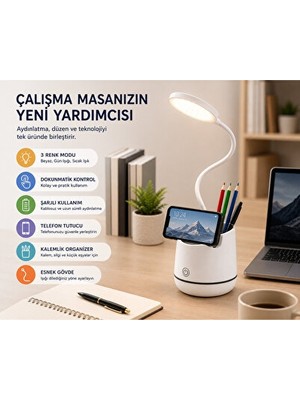 Solvéra Çok Fonksiyonlu Şarjlı LED Masa Lambası ve Telefon Tutucu Masa ve Gece Lambası