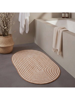Cool Halı Luke Oval Banyo Paspası Kahve Beyaz Tekli Hasır Jüt Görünüm Örgü Bohem Giriş Kapı Önü Balkon Paspası
