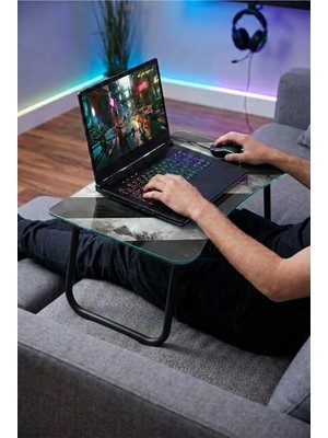 Zevahir Mobilya Dekorasyon Katlanabilir Cam Laptop Sehpası - Siyah Beyaz Eskitme Temalı Plastik Ayaklı Sehpa