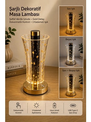 Solvéra Şeffaf Akrilik ve Gold Detaylı Dokunmatik LED Masa Lambası, 3 Kademeli Aydı