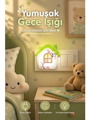 Solvéra Priz Tipi Yeşil LED Gece Lambası, Çocuk Odası ve Dekorasyon Için Masa ve Gece Lambası