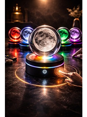 Orvessa 3D Dolunay Kristal Küre LED Dönen Gece Lambası Masa ve Gece Lambası