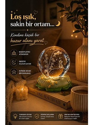 Vaelmont Kristal Cam Küre, LED Işıklı Kedi ve Çiçek Tasarımlı Gece Lambası Masa ve Gece Lambası