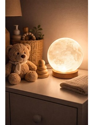 Solvéra 3D Ay Tasarımlı LED Gece Lambası - Ahşap Standlı Dekoratif Aydınlatma Masa ve Gece Lambası