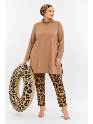 Pierre Cardin Büyük Beden Balıkçı Yaka Bol Paça Altı Leopar Desenli Çift Boneli Kadın Tesettür Mayo
