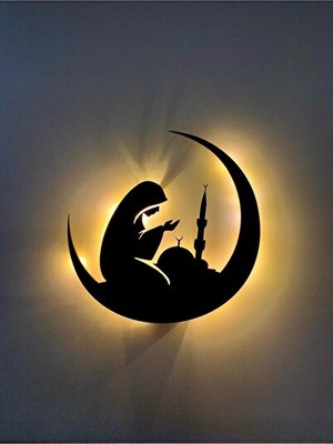 Normadia Vaelmont Ledli Sarı Işıklı Dua Eden Kız Camii ve Hilal Dekorlu Gece Lambası Masa ve Gece Lambası