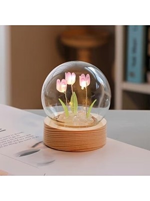Solvéra Mini Laleler Küre Içinde LED Gece Lambası, Sevimli ve Şık Tasarım Masa ve Gece Lambası