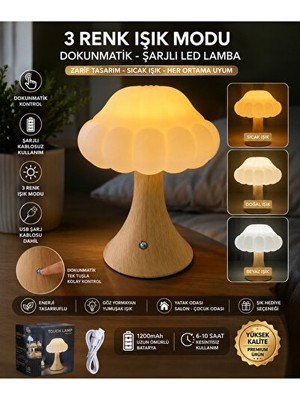 Solvéra USB Şarjlı Mantar LED Gece Lambası, 3 Renk Işık Modu ile Dekoratif Masa ve Gece Lambası