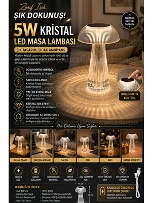 Vaelmont Şeffaf Kristal LED Masa Lambası - Dokunmatik ve Şarjlı Modern Tasarım Masa ve Gece Lambası