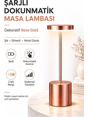 Orvessa Gold Dekoratif Masa Lambası - 3 Renk ve Dimerli Metal Tasarım Masa ve Gece Lambası