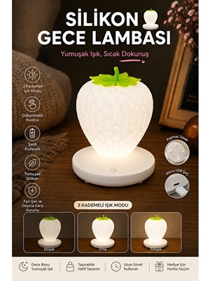 Vaelmont Şarjlı Silikon Çilek Gece Lambası, 3 Kademe Parlaklık ve Dokunmatik Kontrol
