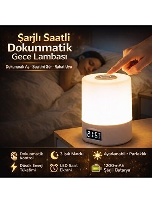 Solvéra 1200MAH Bataryalı, Saatli ve 3 Modlu Dokunmatik LED Masa Lambası Masa ve Gece Lambası