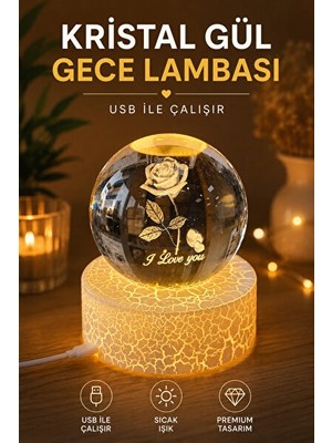 Orvessa USB Bağlantılı Kristal Gül 3D Cam Küre Gece Lambası Masa ve Gece Lambası