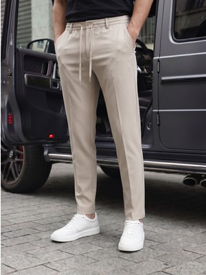 Baselco Erkek Beli Lastikli Slim Fit Jogger Pantolon Pamuk - Elastan 4 Cep Krem Renk