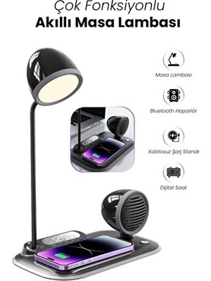 Solvéra 4-In-1 Kablosuz Şarj ve Bluetooth Masa Lambası Masa ve Gece Lambası