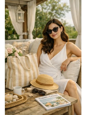 Faralya Life %70 Pamuk %30 Polyester Çizgili Plaj Çantası Kadın Omuz Çantası Büyük Boy Bez Tote Çanta Günlük Kullanım