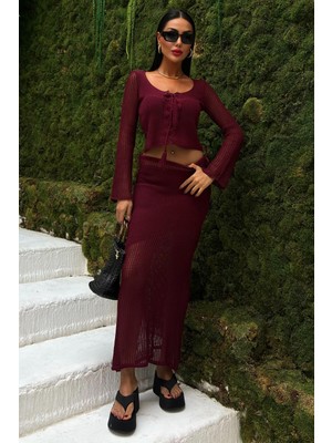 WeShaya Kadın Bordo Triko Kare Yaka Uzun Kollu Takım