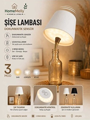 Vaelmont Dekoratif Şarjlı Şişe Lambası - 3 Renk Modu ve Modern Tasarım Masa ve Gece Lambası