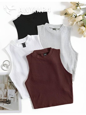Öz Pamuk Kadın 4 Lü Adet Fitilli Pamuklu Örme Kaşkorse Crop Bluz Atlet